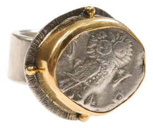 Antique A Silver Owl Tetradrachm Ring with 22k gold