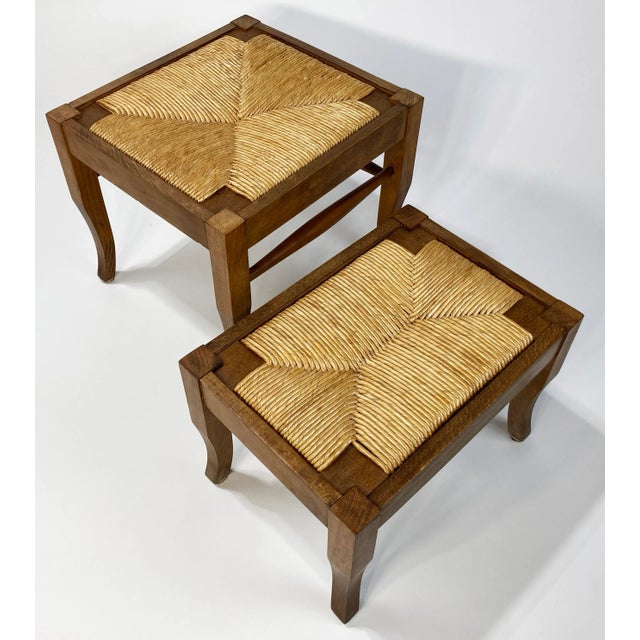 Brown Vintage Nesting Wood and Rush Footstool Pair For Sale - Image 8 of 10