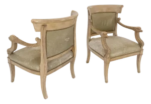 Carved Dolphins Shape Arms Rounded Back Lounge Chairs Leather Upholstery AS IS