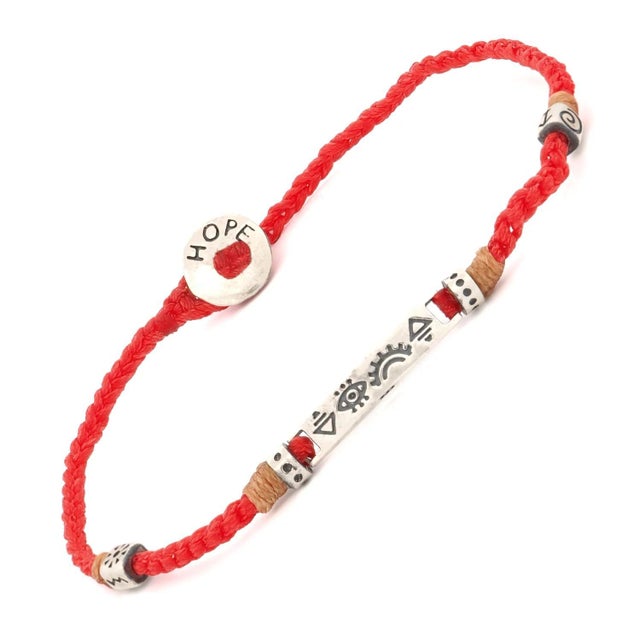 Early 21st Century Sterling Silver Spiritual Symbols Red Woven Hope Braided Bracelet For Sale - Image 5 of 6