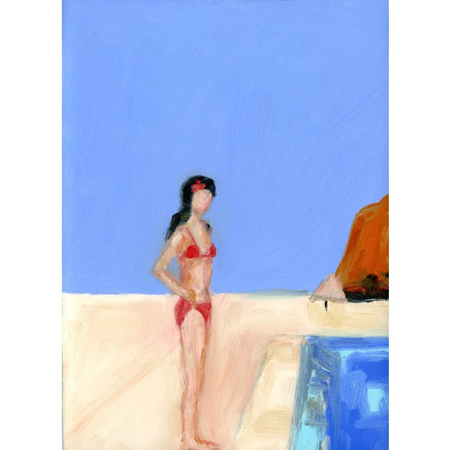 Poolside An expressive and skillful execution of a mid-century modern abstract panoramic landscape oil painting on canvas....
