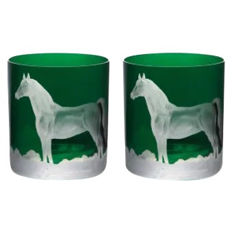 American Horse Double Old Fashioned Glasses British Racer Green - a Pair For Sale - Image 3 of 3