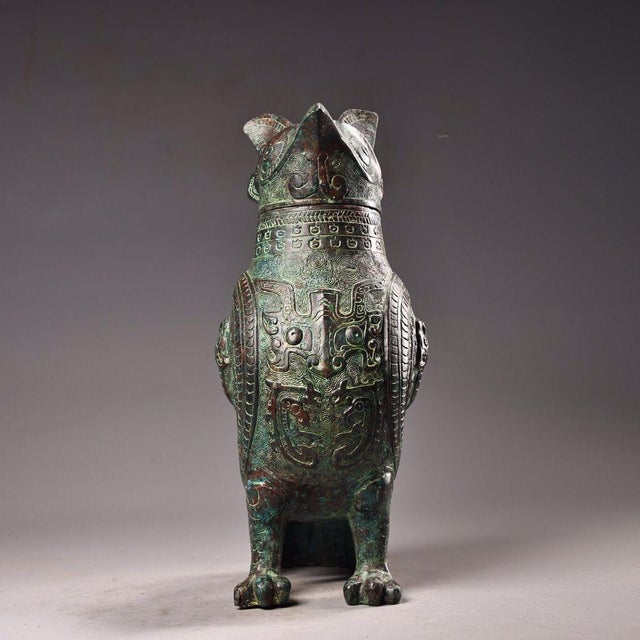 Late 19th Century Late 19th Century Bronze Owl-Form Ritual Vessel With Lid, 1850g, Archaic Motifs For Sale - Image 5 of 10