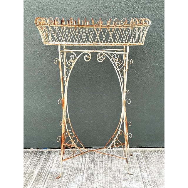 This vintage plant stand is an airy, sculptural composition of hand-bent iron wire, with a long, shallow oval planter...