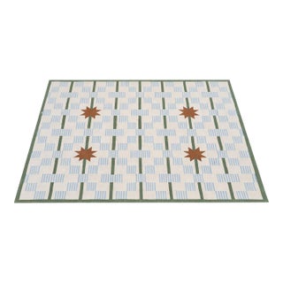 Handmade Cotton Vegetable Dyed Area Rug, Cream, Sky Blue, Sage Green Star Dash Dhurrie-5x8 For Sale
