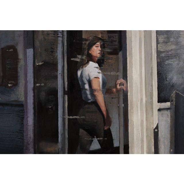 Contemporary Exit by Stefan Smit | Oil on loose canvas Woman exiting a building through a door. For Sale - Image 3 of 4