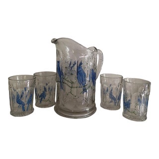 Early 20th Century Hand Painted Water / Wine Pitcher & 4 Matching Glasses For Sale