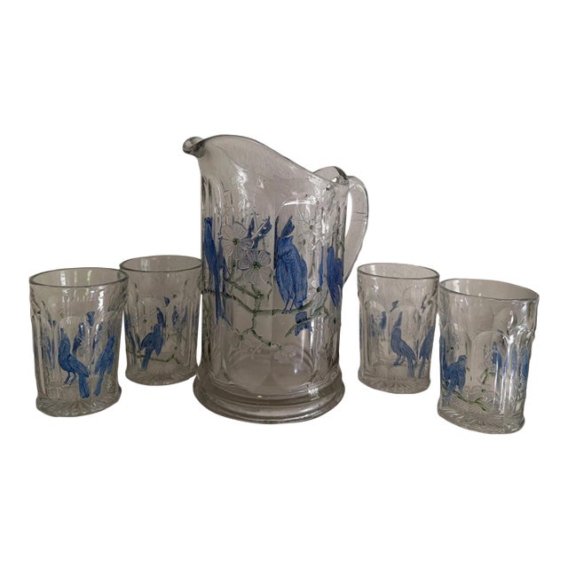 Early 20th Century Hand Painted Water / Wine Pitcher & 4 Matching Glasses For Sale