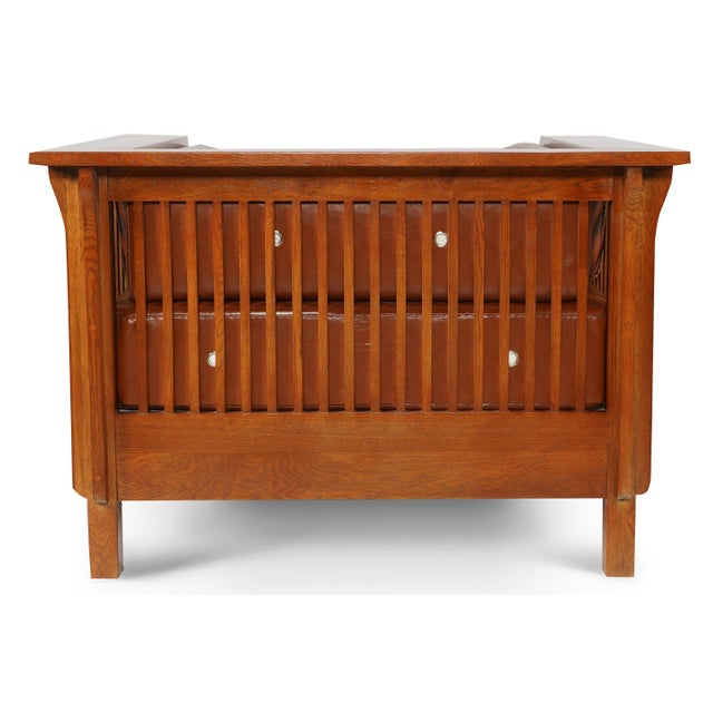 American Crafters and Weavers Arts and Crafts / Craftsman Cubic Slat Side Arm Chair Russet Brown Leather (Rb2) For Sale - Image 3 of 5