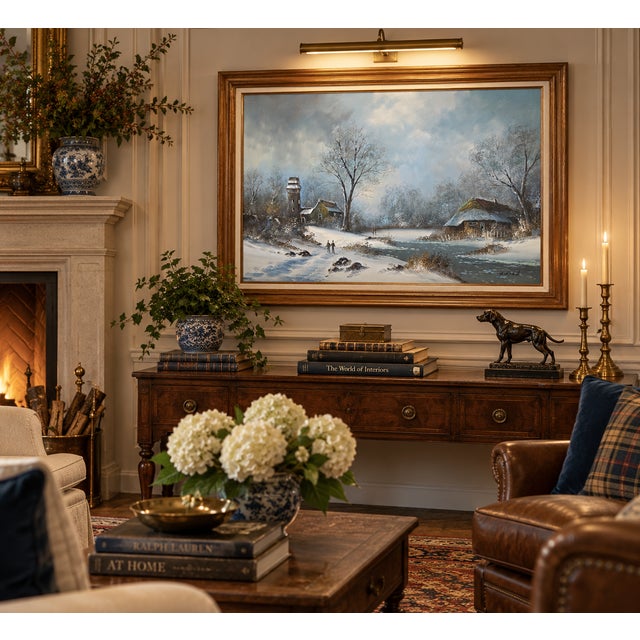 Rustic European Mid 20th Century Large Signed H. Wood Original Oil Painting of European Winter Village Landscape – Framed For Sale - Image 3 of 16