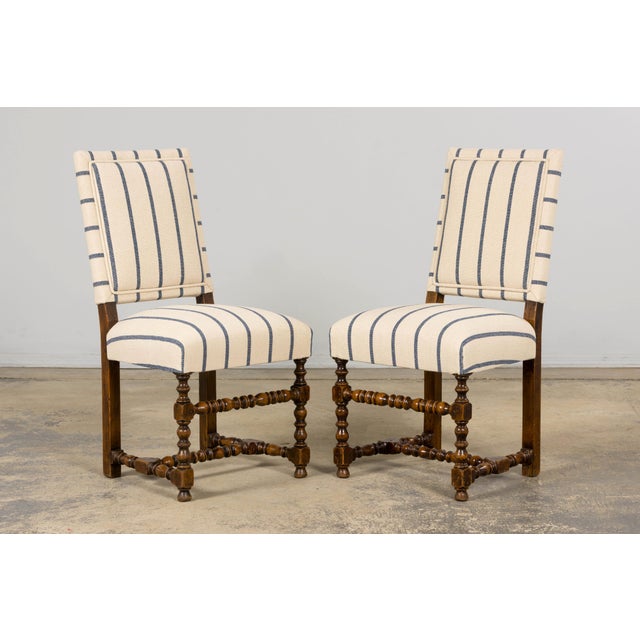 Antique French Louis XIII Dining Chairs in Blue Striped Jacquard, Set of 12 For Sale - Image 9 of 18