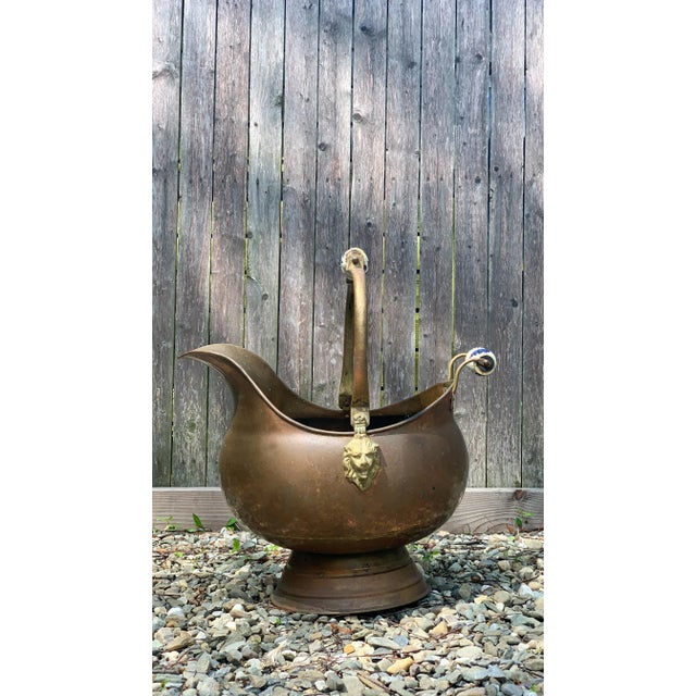 Early 20th Century Brass Lions Head Scuttle Bucket W/ Porcelain Delft Handles Beautiful aged patina and color