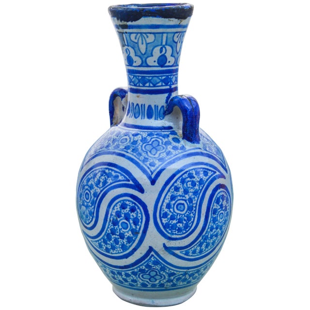Handcrafted Moroccan ceramic vase with handles from Fez, Morocco with a hand-painted Moorish pattern in blue and white. No...