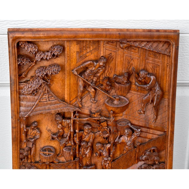 Wood Antique Chinese Hand Carved Wood Relief Wall Panel Plaque Figural Rural Life For Sale - Image 7 of 13