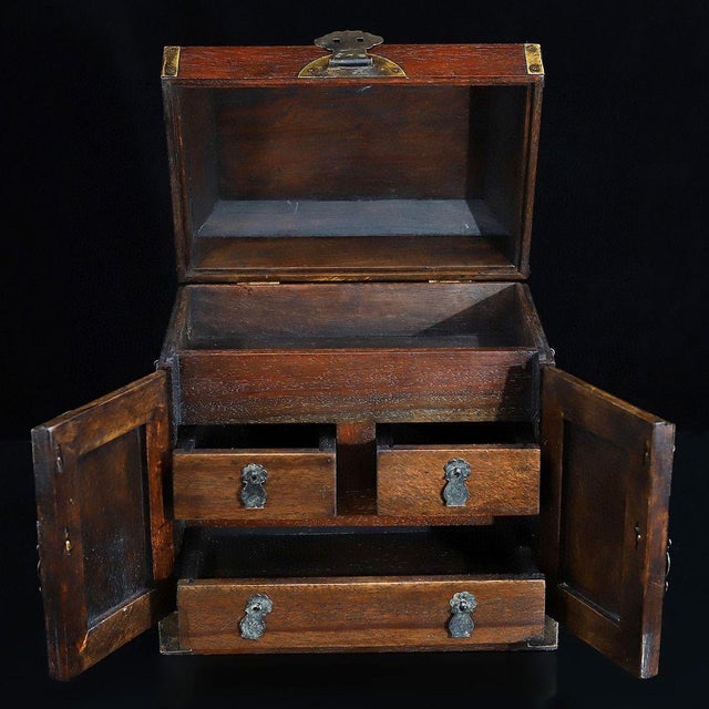 Brown Vintage Rosewood Official Cabinet Jewelry Box, Hand Carved Kylin With Brass Hardware For Sale - Image 8 of 9