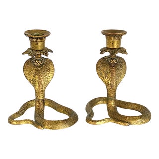 Vintage Middle Eastern Persian Style Cobra Gilt Candlestick Holders - a Pair For Sale