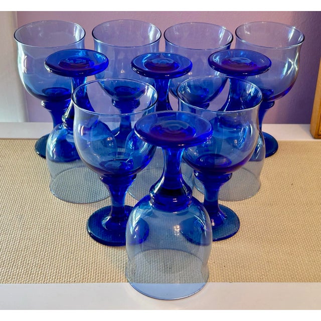 Set of 10 rare cobalt blue Libbey glasses. Discontinued, this set is beautiful and would look amazing whether on display...