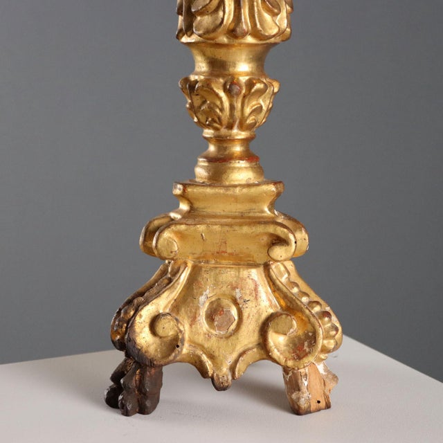 Wood Antique Italian Candleholder in Carved Gilded Wood For Sale - Image 7 of 8