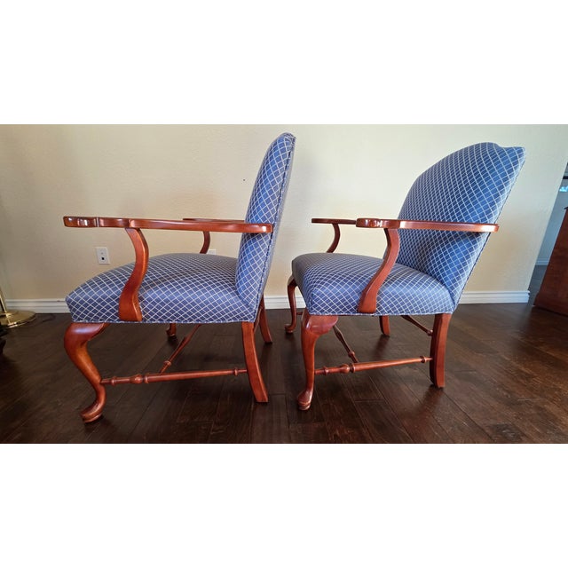 Ethan Allen 1980s Attributed to Ethan Allen Pair of Upholstered Armchairs Blue Diamonds For Sale - Image 4 of 13