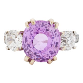 5 Carat Pink Ceylon Sapphire and Diamond Gold Trilogy Ring, Size 5.75 For Sale
