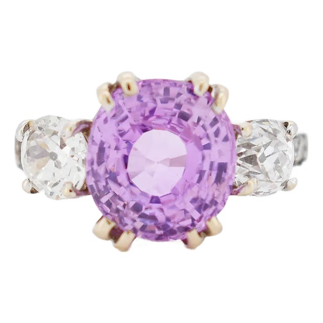 5 Carat Pink Ceylon Sapphire and Diamond Gold Trilogy Ring, Size 5.75 For Sale