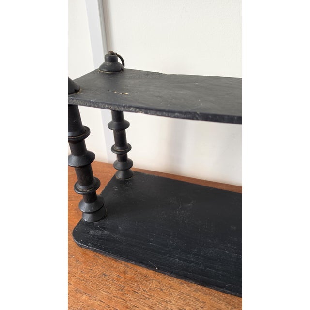 Black Vintage Wooden Black Tiered Shelf, Turned Spindle Display Stand, Rustic 2 Tier Wall Shelf, Folk Art Wood Rack, Cottage Decor For Sale - Image 8 of 17