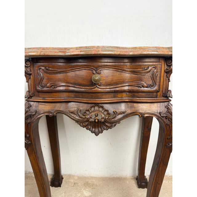 Wood Pair of French Louis XV Style Nightstands with Marble Tops For Sale - Image 7 of 15