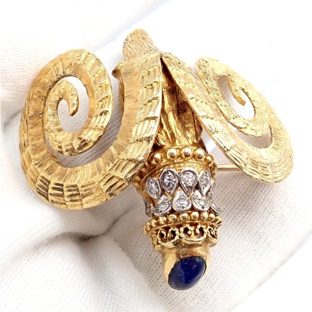 Late 20th Century Rare Ilias Lalaounis Yellow Gold Ram Ares Diamond Ruby Sapphire Large Brooch For Sale - Image 11 of 14