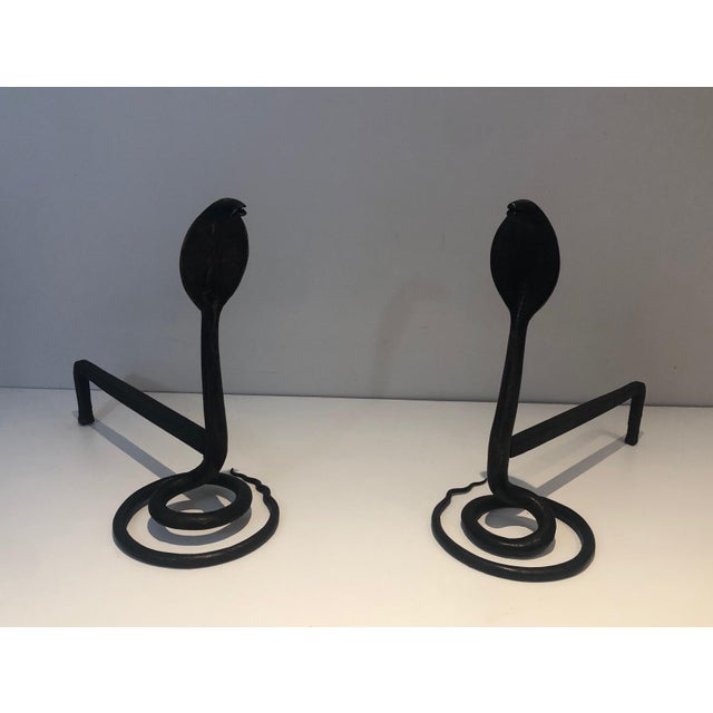 Pair of Hammered Wrought Iron Andirons With Cobras in the Style of Edgar Brandt For Sale - Image 4 of 12