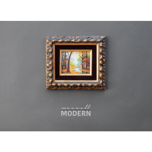 Beautiful and charming mini oil landscape painting with very vivid colors by Beaumont. Artwork depicts a picturesque creek...