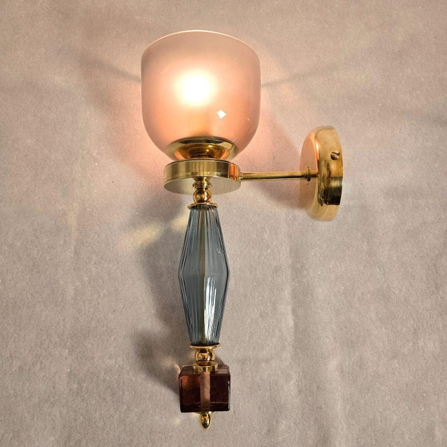 1990s Pair of Blue and Purple, Mid-Century Modern, Murano Glass Sconces For Sale - Image 4 of 10