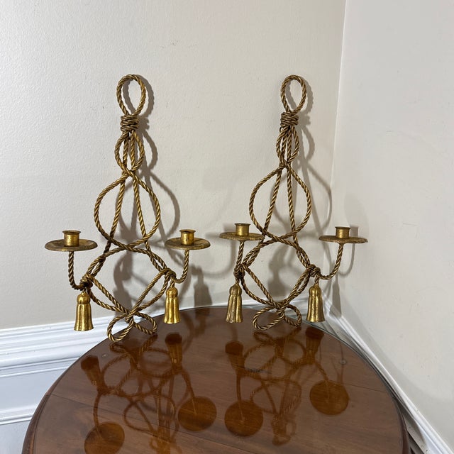 Metal Vintage Pair Brass Rope Tassel Wall Sconces Hollywood Regency Candle Holders For Sale - Image 7 of 9