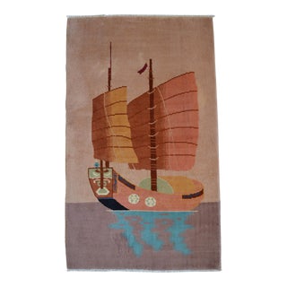 1980s Vintage Hand Knotted Old Sailboat Pattern Rug 2′6″ × 4′2″ For Sale