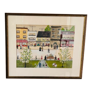 American Folk Art Watercolor Townscape, Main Street c.1958