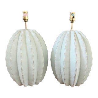 Postmodern Sculptural Ribbed Cactus Form Celadon Plaster Table Lamps by Alsy 19.5” - A Pair For Sale