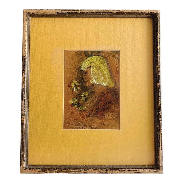 1970s Modern Expressionist Painting Portrait Drawing of a Girl Signed A. Borde, Framed For Sale