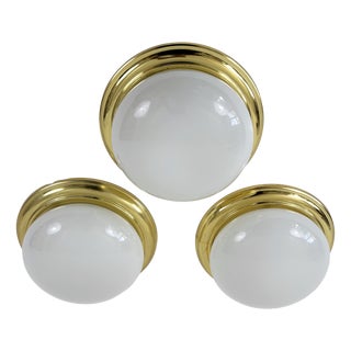 Vintage Brass and Opaline Glass Flush Mount, Germany, 1970 For Sale