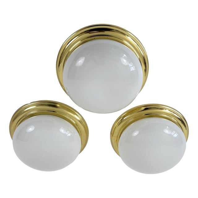 Vintage Brass and Opaline Glass Flush Mount, Germany, 1970 For Sale