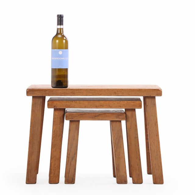 Set of French Brutalist Solid Oak Nesting Tables, C. 1960 For Sale - Image 4 of 4