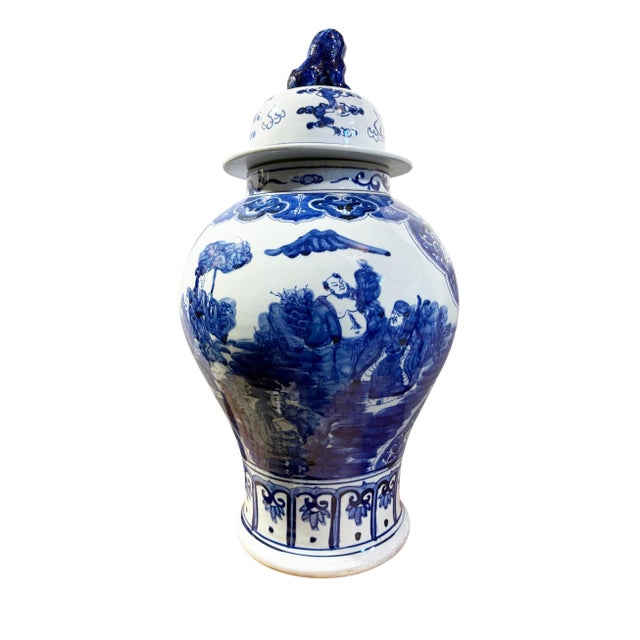 Blue Vintage Lg Chinoiserie Cobalt Blue & White Temple Ginger Jar 23" H For Sale - Image 8 of 12