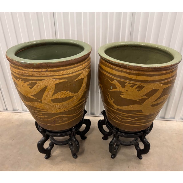 Exceptional Pair Monumental Chinese Dragon Jardinieres Celadon Glaze Chinoiserie Egg Art Pottery Urns With Stand and Glass Top, a Pair For Sale - Image 4 of 12