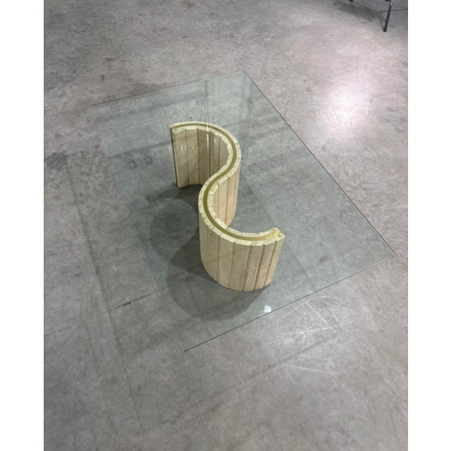 Stylish and unique S Italian marble glass top coffee table with brass inlay. Solid, heavy base in perfect condition. While...