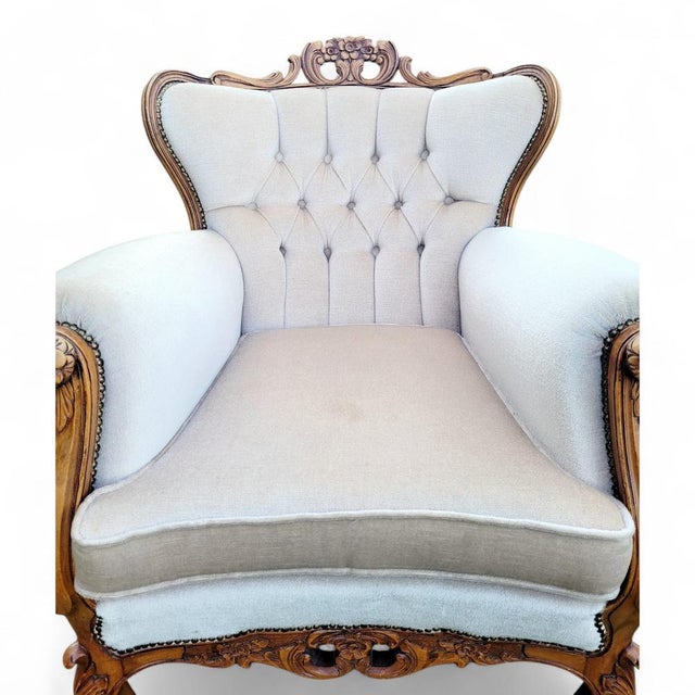 Rococo Louis XVI French Château Living Room Set in Upholstered Hand-Carved Walnut, Mid-19th Century, Set of 3 For Sale - Image 3 of 18