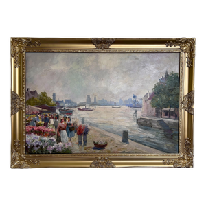 Oil Painting on Canvas, European Flower Market Scene, Signed R.Kardau, Framed