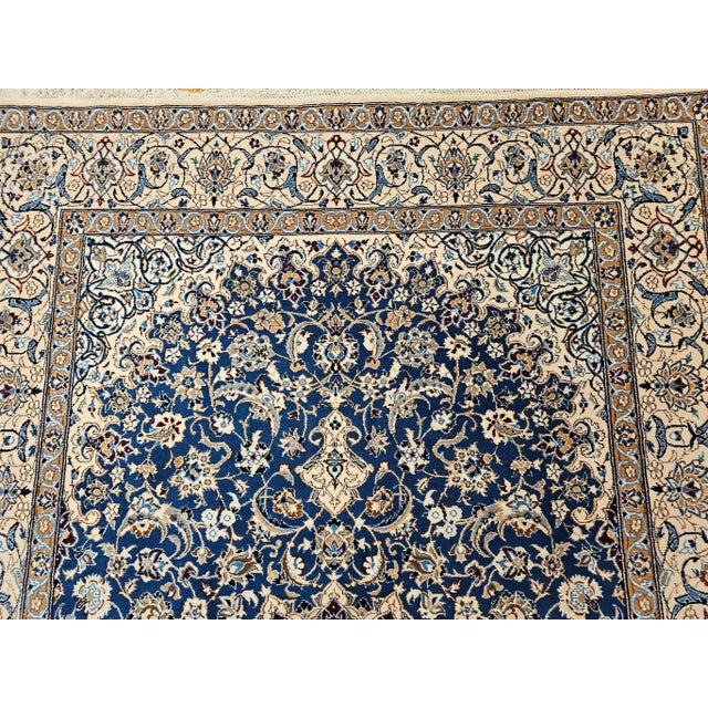 Vintage Persian Nain Rug, Handwoven Floral Pattern, Silk Highlights, Blue & Ivory, 6’ X 9’ For Sale - Image 4 of 12