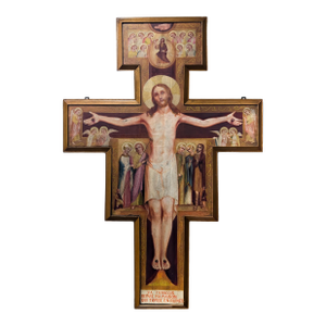 Antique French Oil Painting San Damiano Crucifix Christ St. Francis of Assisi, Circa 1820