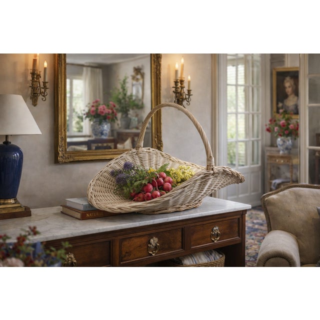 Vintage Whitewashed Wicker Gathering Basket With Tall Handle Kindly note photo number two (2) is a digital rendering...