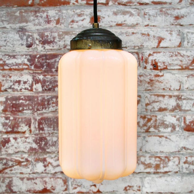 Metal Vintage White Opaline Glass and Brass Pendant Lamp For Sale - Image 7 of 8