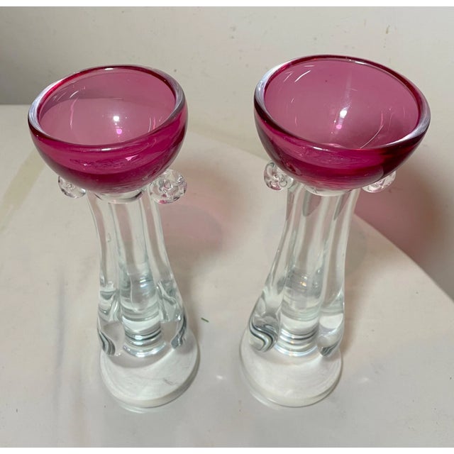Glass 1960s Tall Pair Murano Hand Blown Alfredo Barbini Glass Candlesticks Candle Holders For Sale - Image 7 of 14