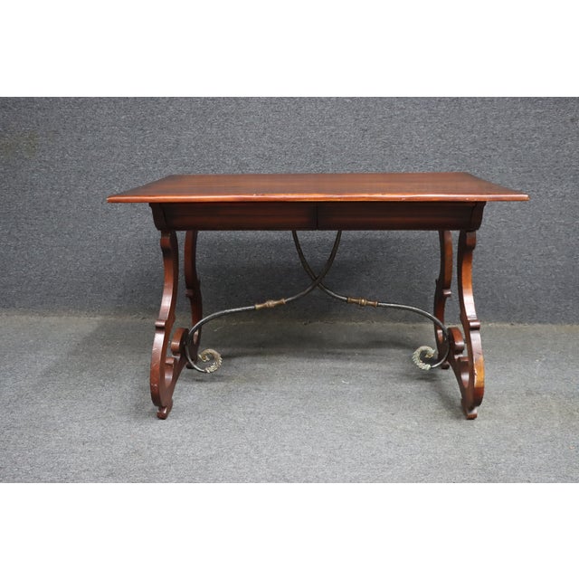 Spanish Spanish Colonial Revival Style Mahogany Desk With Iron Stretcher For Sale - Image 3 of 13